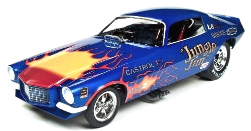 Auto World Blue wth Fire Jungle Jim Funny Car Camaro